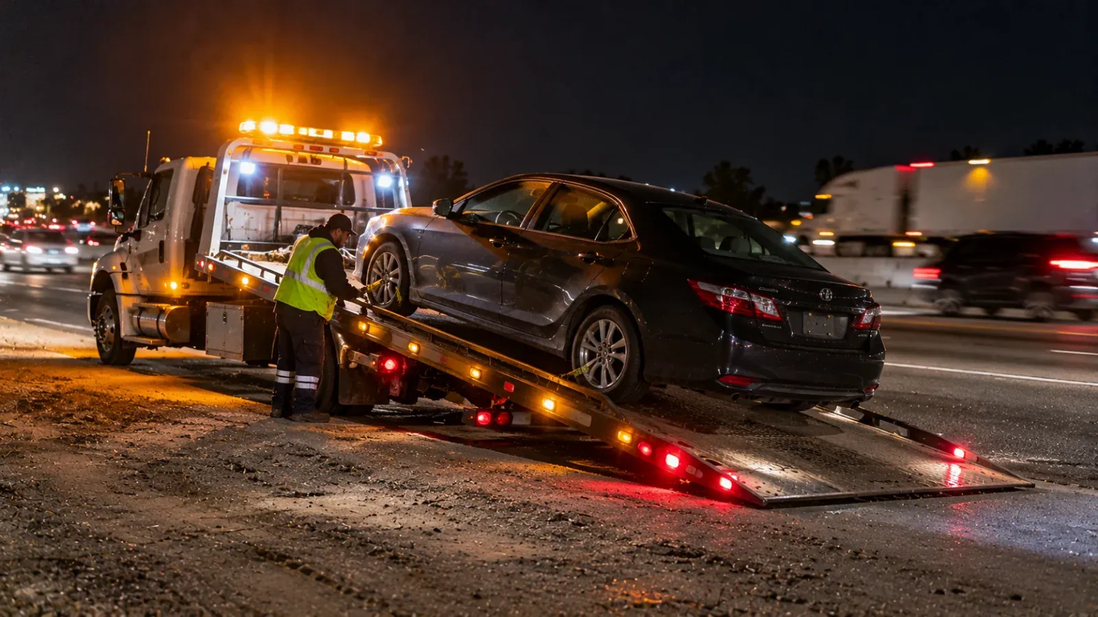 24/7 emergency towing at night: flatbed loading a disabled sedan on a highway shoulder near San Jacinto