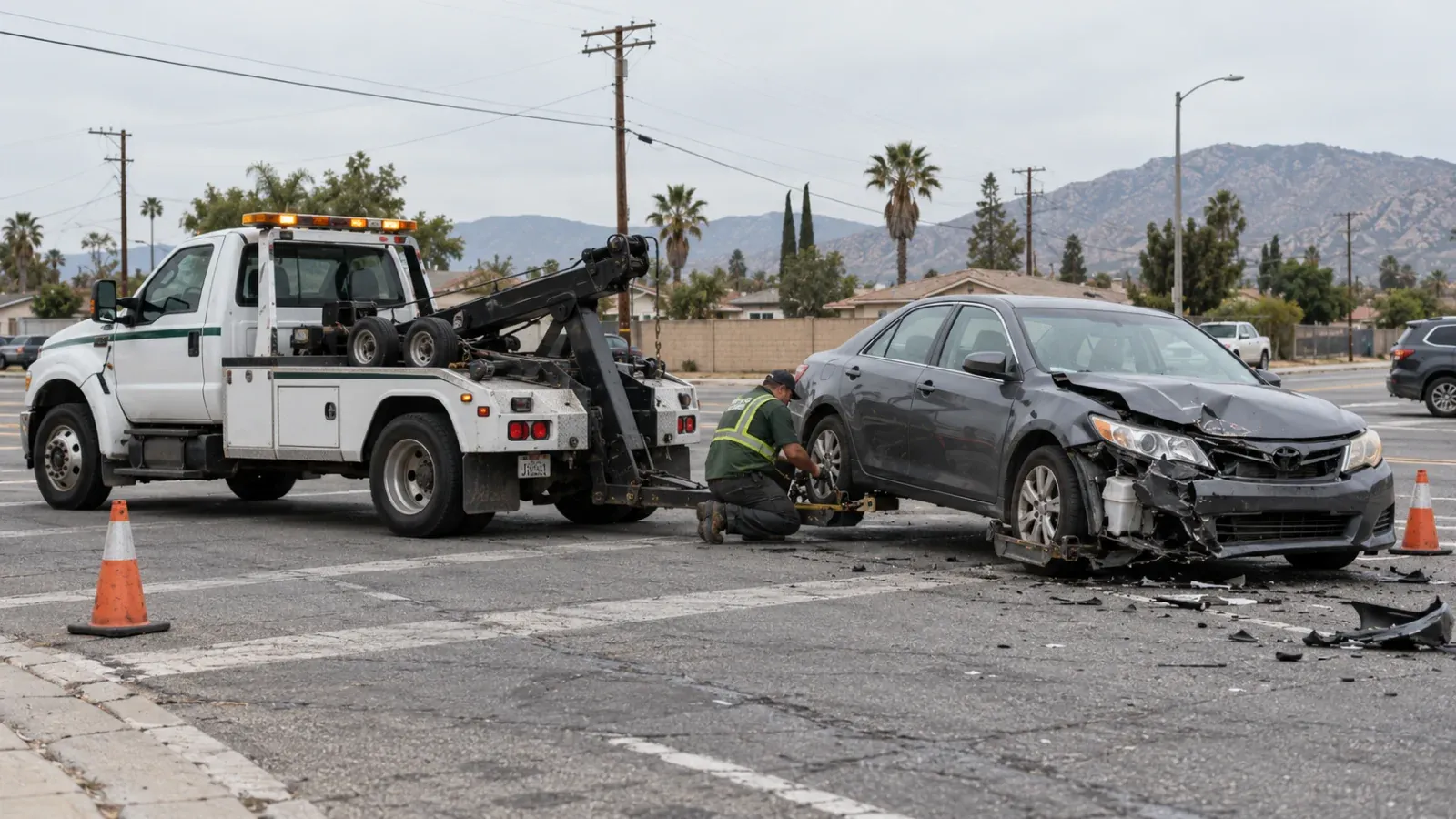 Tow operator hooking a wheel-lift to a crashed sedan at an intersection in Hemet, CA