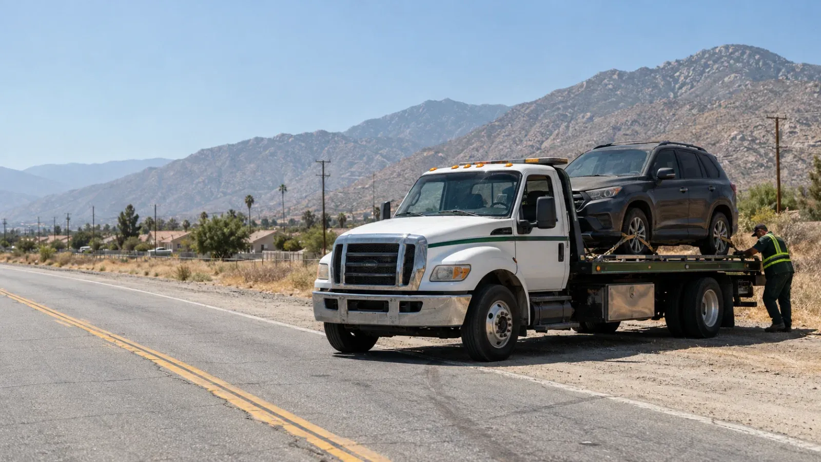 Flatbed tow truck with a gray SUV on the shoulder of a two-lane road in San Jacinto, CA